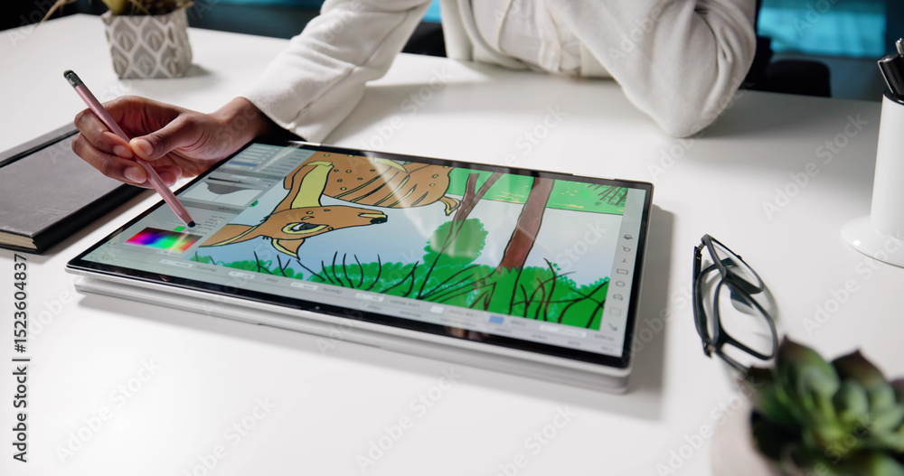 Poster hybrid designer creating digital game art on tablet