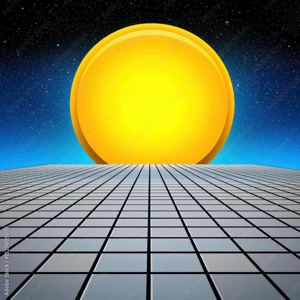 Aufkleber abstract digital art featuring a bright yellow sphere hovering over a tiled grid surface against a s