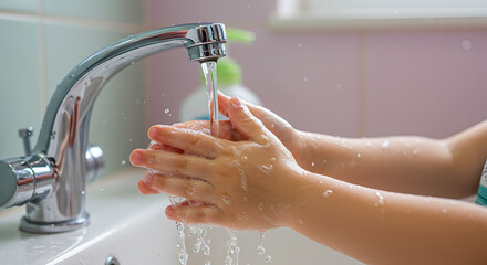 Child's Hands Washing at Bathroom Sink with Running Water