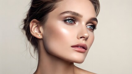 Fototapeta premium Refined close-up of a female face featuring digital makeup overlays, illuminated by soft lighting and surrounded by neutral tones, exemplifying minimalist beauty trends.