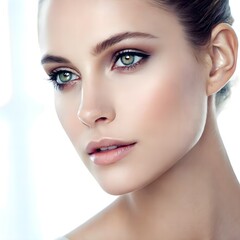 Fototapeta premium Refined close-up of a female face featuring digital makeup overlays, illuminated by soft lighting and surrounded by neutral tones, exemplifying minimalist beauty trends.