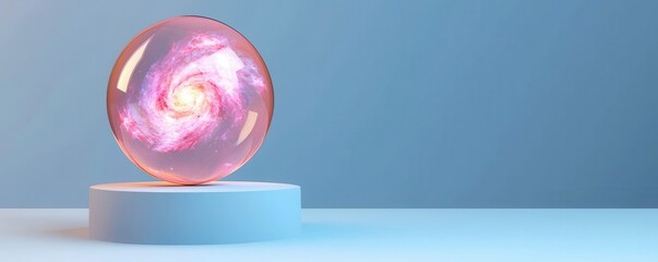 A crystal ball displaying a swirling pink galaxy rests on a minimalist pedestal against a blue background.