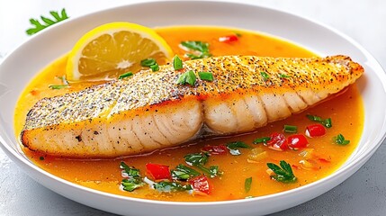 Pan seared fish fillet in a vibrant orange sauce, garnished with lemon and herbs. The dish is presented on a white plate against a bright background