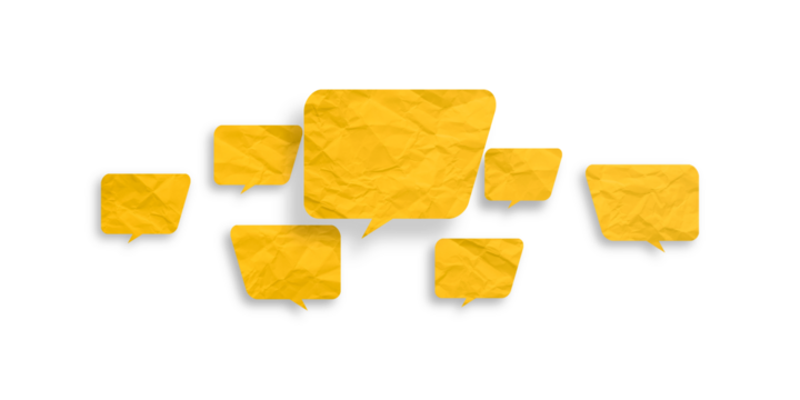 Yellow speech bubble crumpled paper isolated on transparent background