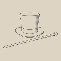 Hat and cane. Colored stylized illustration on background. Vector graphics.