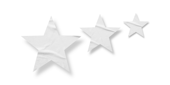 Crumpled white star pattern stickers, separated on a transparent background.
