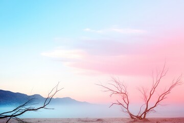 Fototapeta premium Pastel sky desert landscape with barren trees