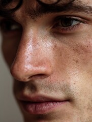 Fototapeta premium Close-up of a man with no facial hair, clear glowing skin, minimal grooming, neutral background