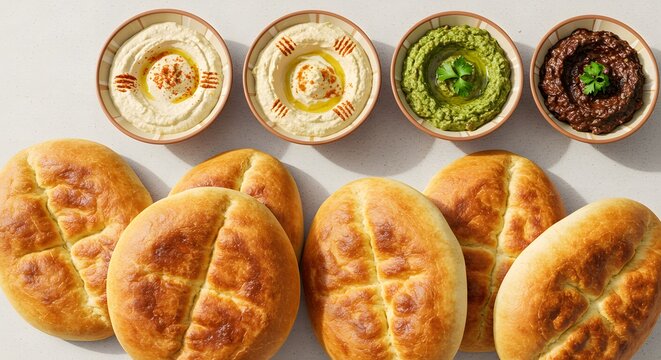 a flat lay of traditional Egyptian bread (Aish Baladi) with dips, aligning the bread along the bottom third 3.