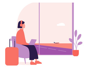 Woman using laptop at airport terminal with suitcase and large window flat vector ideal for travel work moments