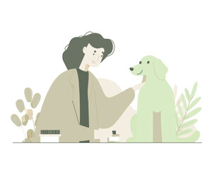 Woman smiling while petting dog on the floor flat vector ideal for pet care companionship or wellness content