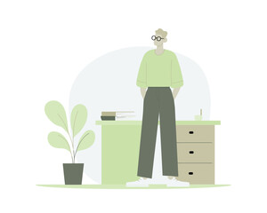 Man standing confidently at office desk with decor plant flat vector ideal for workplace or productivity concepts