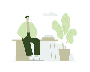 Man sitting casually on desk with folders and potted plant flat vector perfect for informal workspace situations