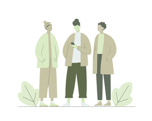 Three men talking outdoors with hand gestures flat vector suitable for friendship group or urban fashion themes