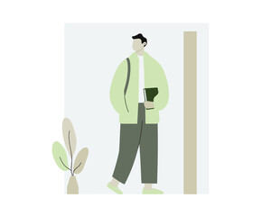 Man walking with coffee cup near office entrance flat vector suitable for morning routine or casual workplace setting