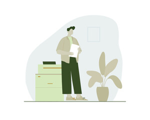 Man holding document standing near cabinet and plant flat vector perfect for calm and focused office activity
