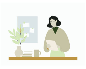 Woman holding paper standing beside bulletin board flat vector ideal for presentation or planning scenes