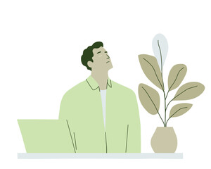 Man looking up while working on laptop with plant flat vector ideal for creative thinking or work break moments