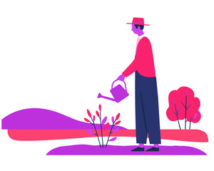 Person watering small plants in outdoor field flat vector ideal for gardening hobby or nature care scenes