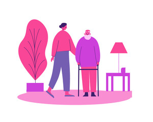 Elderly couple standing together in pink toned room flat vector ideal for retirement lifestyle or family portrait visuals