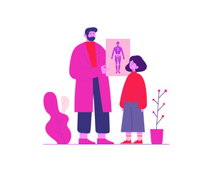 Father and daughter standing beside growth chart and toy flat vector perfect for parenting and childhood development scenes