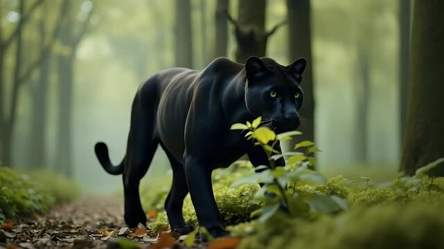 Majestic black panther walking forest path