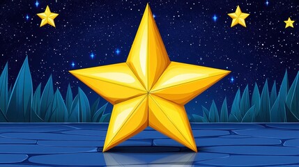 Obraz premium Pixel art golden star on a dark blue background with pixelated trees and stars. Night sky, shiny surface