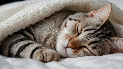 Close-up of an American Shorthair cat peacefully sleeping, its head resting on a soft white blanket.