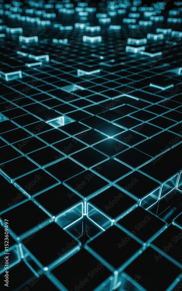 Poster abstract futuristic dark blue geometric pattern with glowing cubes in a digital technology backgroun