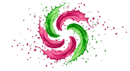 Red and green liquid paint splashes in motion creating an abstract art design