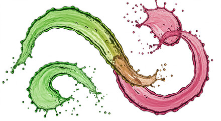 Red and green liquid paint splashes in motion creating an abstract art design