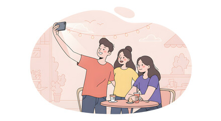 Friends Taking a Selfie at a Cafe, Illustration