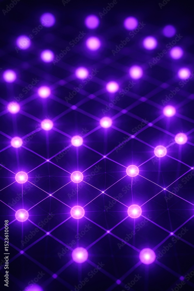 Poster abstract purple grid of illuminated circles and connecting lines creating a modern digital tech back