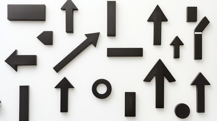 Abstract black directional symbols with sharp shadows on white, geometric precision in modern design