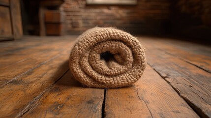 Rolled jute rug with rustic floor.