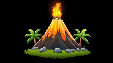 Pixel art volcano erupting with lava, surrounded by lush green vegetation and palm trees on a small island against a black background