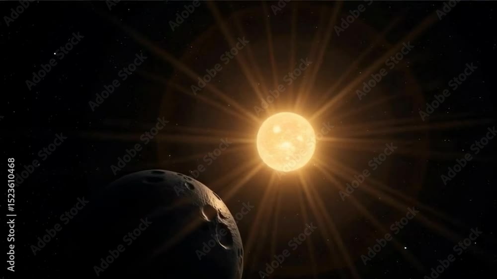 Poster the image depicts a celestial scene featuring a glowing sun and a distant planet, set against the ba