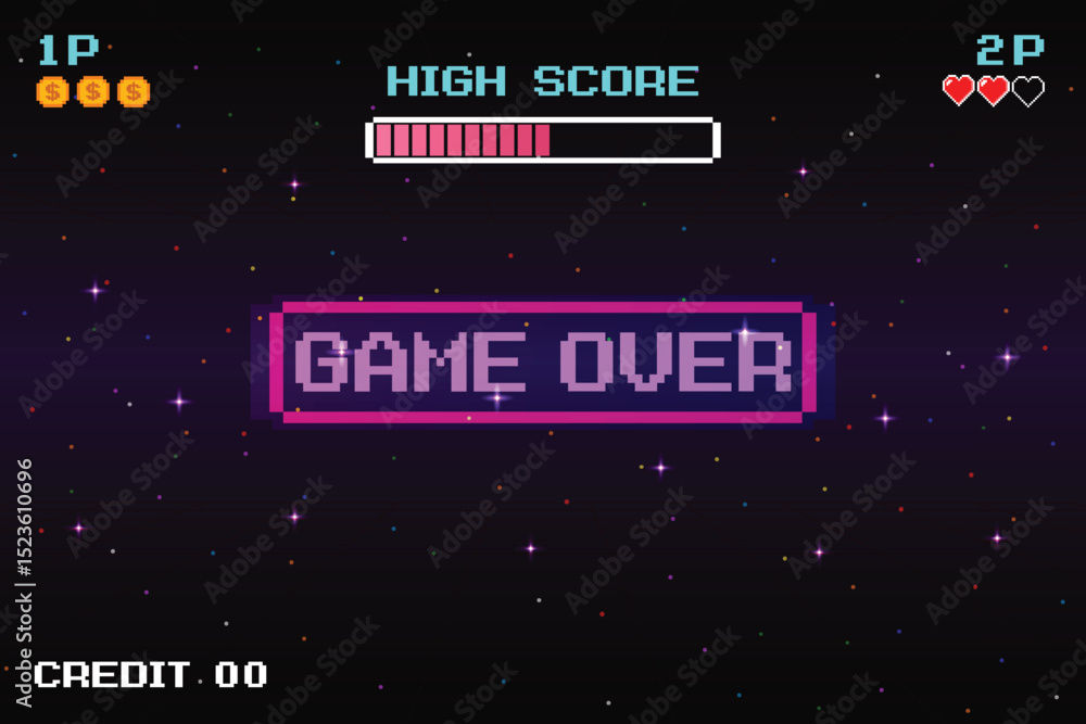 Poster game over, retro games for game assets in retro futuristic sci-fi background vector illustration. gl
