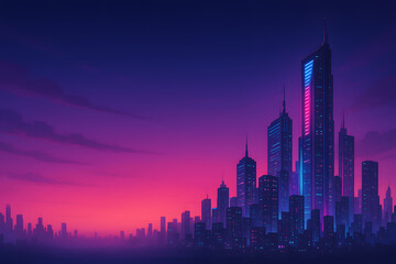 Obraz premium Retro Futuristic Cityscape Neon Skyline Sunset Illustration