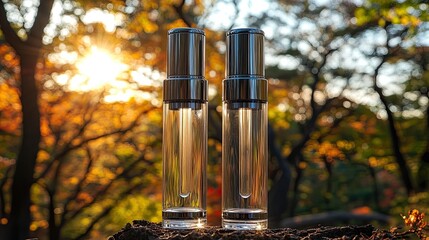 Autumn Serum Bottles with Nature Background.