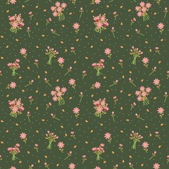 christmas green background with pink flowers seamless pattern