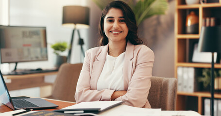 Portrait, woman and smile as lawyer in office for about us, legal advice and corporate consultant....