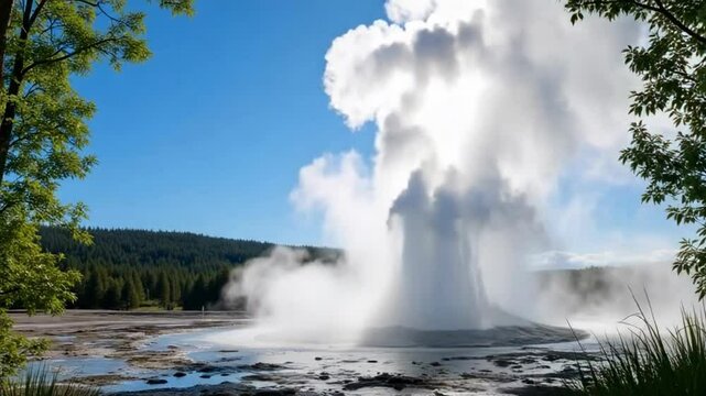 A majestic geyser erupts, sending a plume of steam and water high into a clear blue sky, framed by lush green trees.
