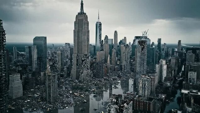 Drone shot of a devastated cityscape, with collapsed buildings and debris under a dark, ominous sky