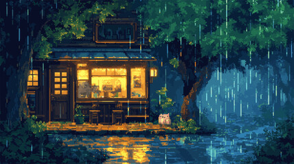 Pixel Art Illustration of a Cozy Streetside Café on a Rainy Night Surrounded by Trees and Soft Urban Glow