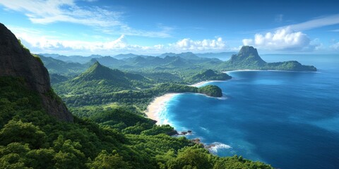 Tropical coastline landscape with green mountains and blue sea panorama