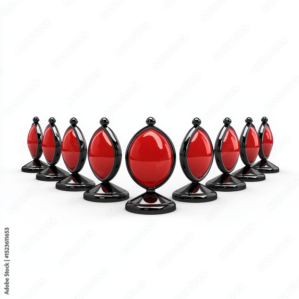 Poster red and black glossy objects arranged in a semi circle on a white background. the objects are egg sh