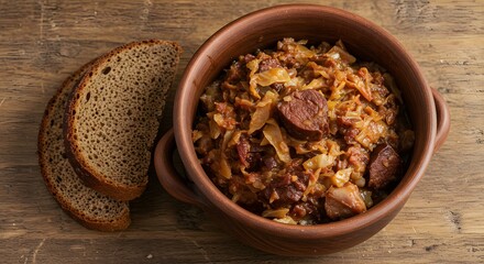 Photograph Bigos (hunter&rsquo;s stew) in a rustic bowl from above