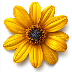A single yellow flower with a dark center and petals arranged in a circular pattern on white background
