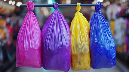 Colorful trash bags market display.